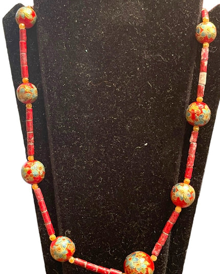 Antique fancy handpainted flower glass bead necklace