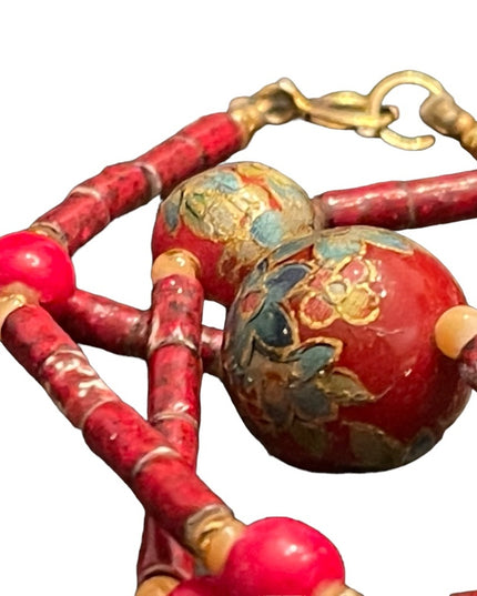 Antique fancy handpainted flower glass bead necklace