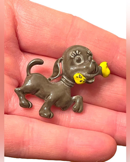 Vintage 1950s Enameled dog with bone brooch