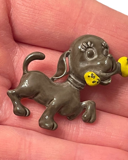 Vintage 1950s Enameled dog with bone brooch