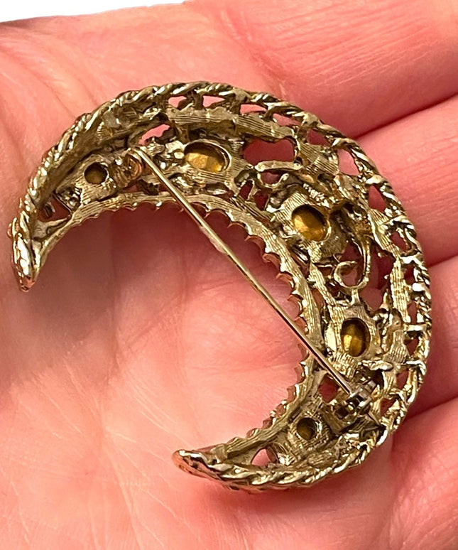 Vintage 1980s gold finish colorful rhinestone Crescent brooch