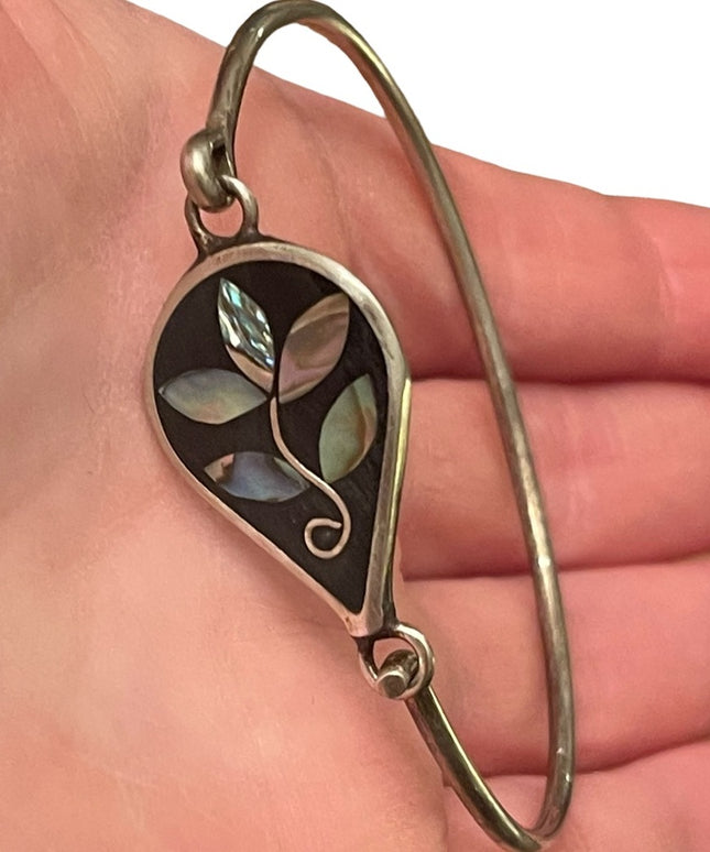 Vintage 1970s Mexico Alpaca Abalone flower bangle bracelet