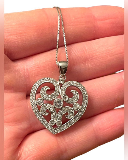 sterling silver 925 silver rhodium plt Fancy CZ heart pendant necklace