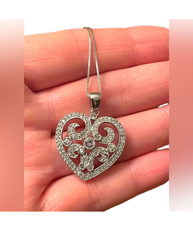 sterling silver 925 silver rhodium plt Fancy CZ heart pendant necklace