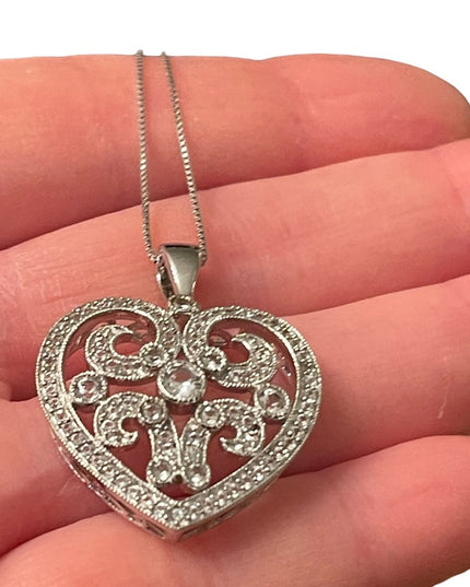 sterling silver 925 silver rhodium plt Fancy CZ heart pendant necklace
