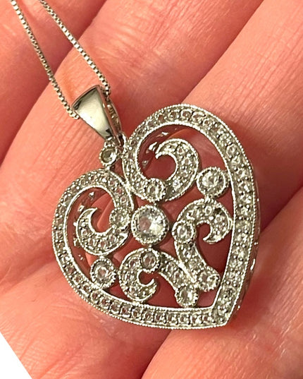 sterling silver 925 silver rhodium plt Fancy CZ heart pendant necklace