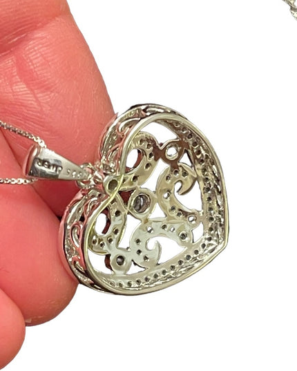 sterling silver 925 silver rhodium plt Fancy CZ heart pendant necklace