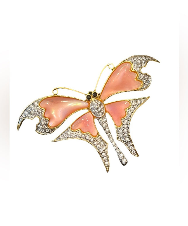 Vintage 1990s Gold plt BUTLER FAC pink MOP BUTTERFLY rhinestone Brooch LG