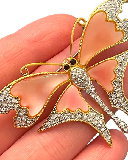 Vintage 1990s Gold plt BUTLER FAC pink MOP BUTTERFLY rhinestone Brooch LG