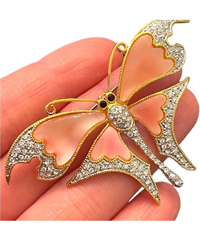 Vintage 1990s Gold plt BUTLER FAC pink MOP BUTTERFLY rhinestone Brooch LG
