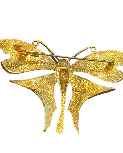 Vintage 1990s Gold plt BUTLER FAC pink MOP BUTTERFLY rhinestone Brooch LG