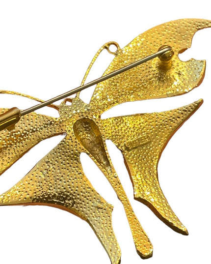 Vintage 1990s Gold plt BUTLER FAC pink MOP BUTTERFLY rhinestone Brooch LG