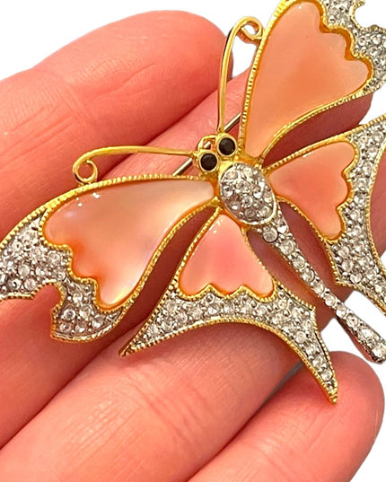Vintage 1990s Gold plt BUTLER FAC pink MOP BUTTERFLY rhinestone Brooch LG