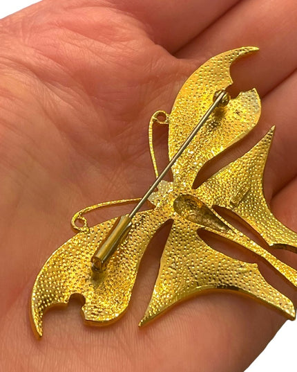 Vintage 1990s Gold plt BUTLER FAC pink MOP BUTTERFLY rhinestone Brooch LG