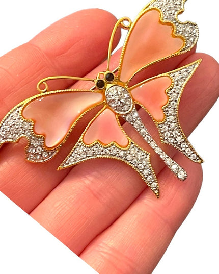 Vintage 1990s Gold plt BUTLER FAC pink MOP BUTTERFLY rhinestone Brooch LG