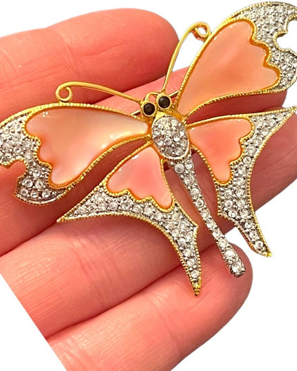 Vintage 1990s Gold plt BUTLER FAC pink MOP BUTTERFLY rhinestone Brooch LG