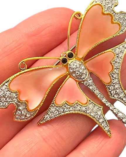 Vintage 1990s Gold plt BUTLER FAC pink MOP BUTTERFLY rhinestone Brooch LG