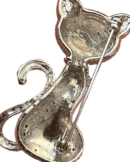 Vintage silver finish rhinestone Cat kitty brooch
