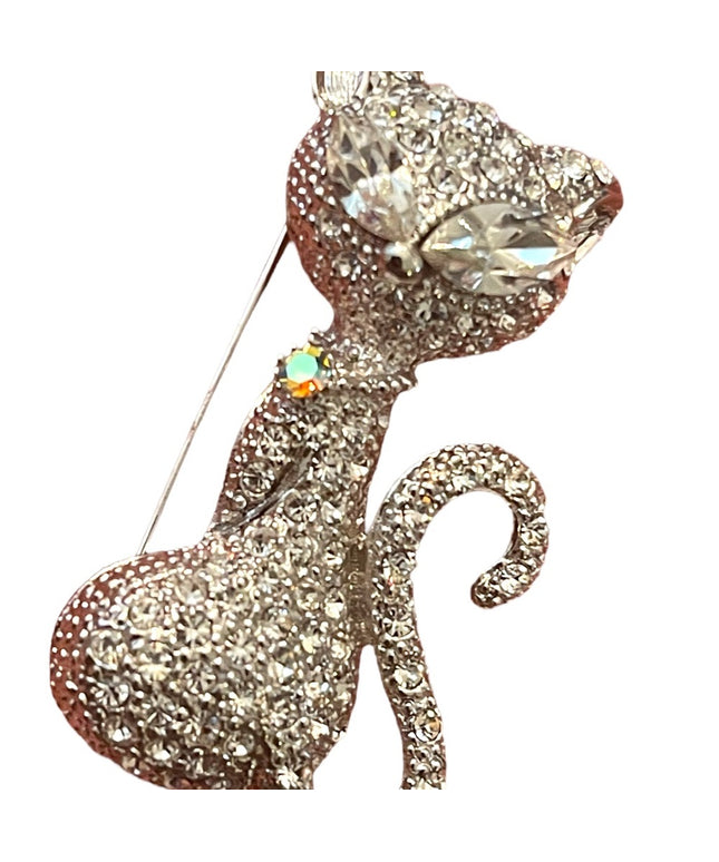 Vintage silver finish rhinestone Cat kitty brooch