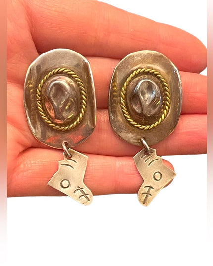 Vintage Southwestern Cowboy hat boot Mexico 925 dangle chunky earrings