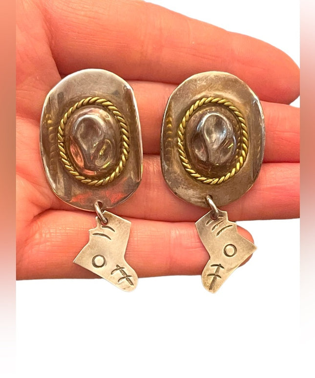 Vintage Southwestern Cowboy hat boot Mexico 925 dangle chunky earrings