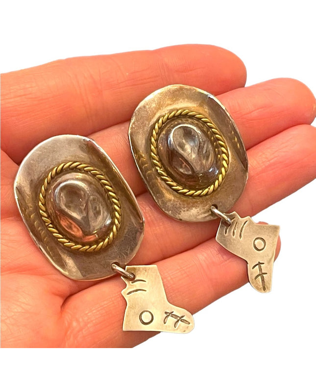 Vintage Southwestern Cowboy hat boot Mexico 925 dangle chunky earrings