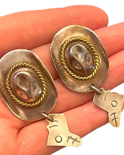Vintage Southwestern Cowboy hat boot Mexico 925 dangle chunky earrings