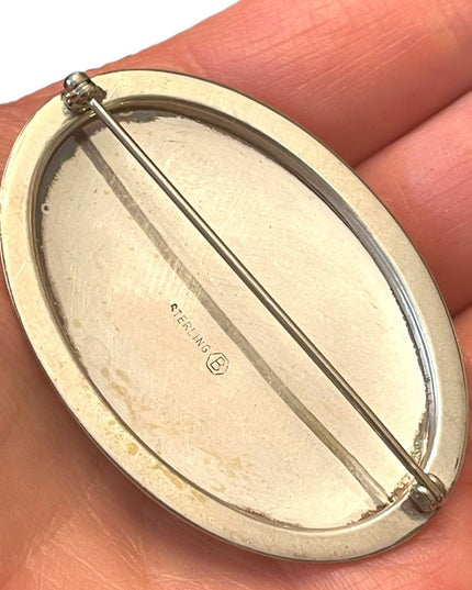 Vintage Burkhardt Jewelers sterling silver 925 Art Deco Etched oval brooch
