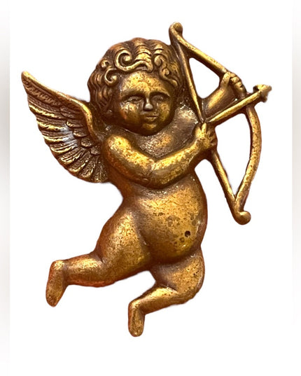 Vintage antiqued Brass finish CUPID Cherub with arrow fabcy brooch