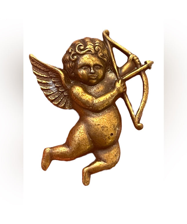 Vintage antiqued Brass finish CUPID Cherub with arrow fabcy brooch