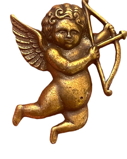 Vintage antiqued Brass finish CUPID Cherub with arrow fabcy brooch