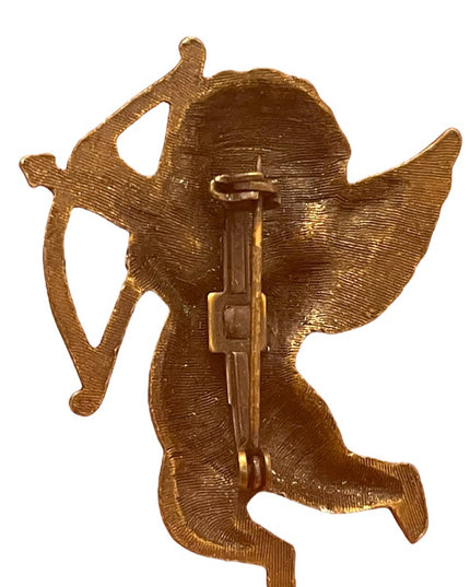 Vintage antiqued Brass finish CUPID Cherub with arrow fabcy brooch