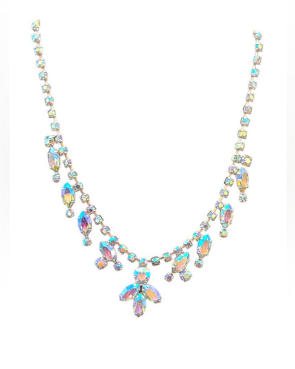 Vintage 1950s quality silver finish blue AB fancy crystal necklace