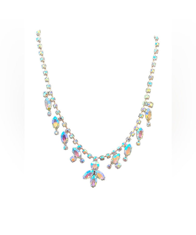 Vintage 1950s quality silver finish blue AB fancy crystal necklace