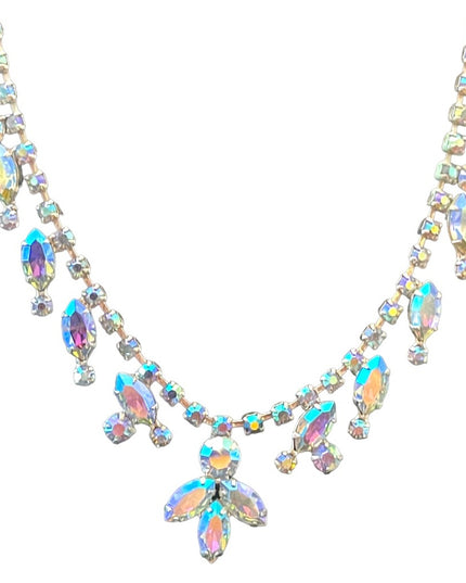 Vintage 1950s quality silver finish blue AB fancy crystal necklace