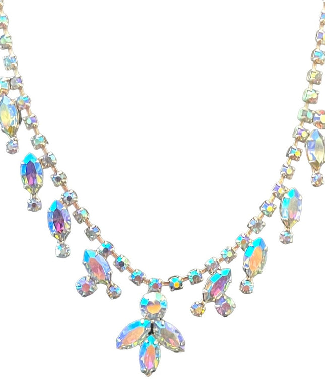 Vintage 1950s quality silver finish blue AB fancy crystal necklace