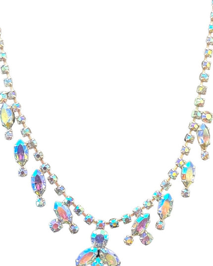 Vintage 1950s quality silver finish blue AB fancy crystal necklace