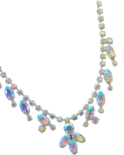 Vintage 1950s quality silver finish blue AB fancy crystal necklace