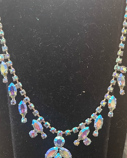Vintage 1950s quality silver finish blue AB fancy crystal necklace
