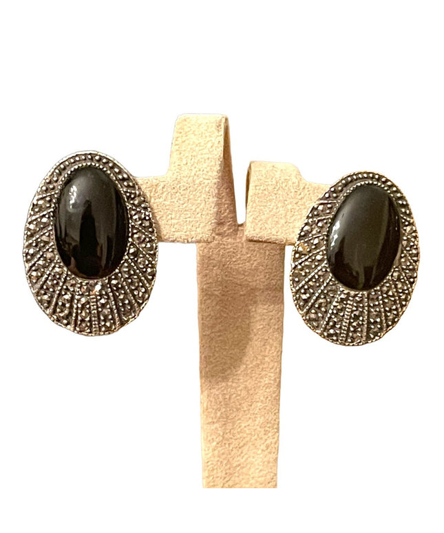 Vintage Sterling silver 925 Marcasite Black onyx oval earrings