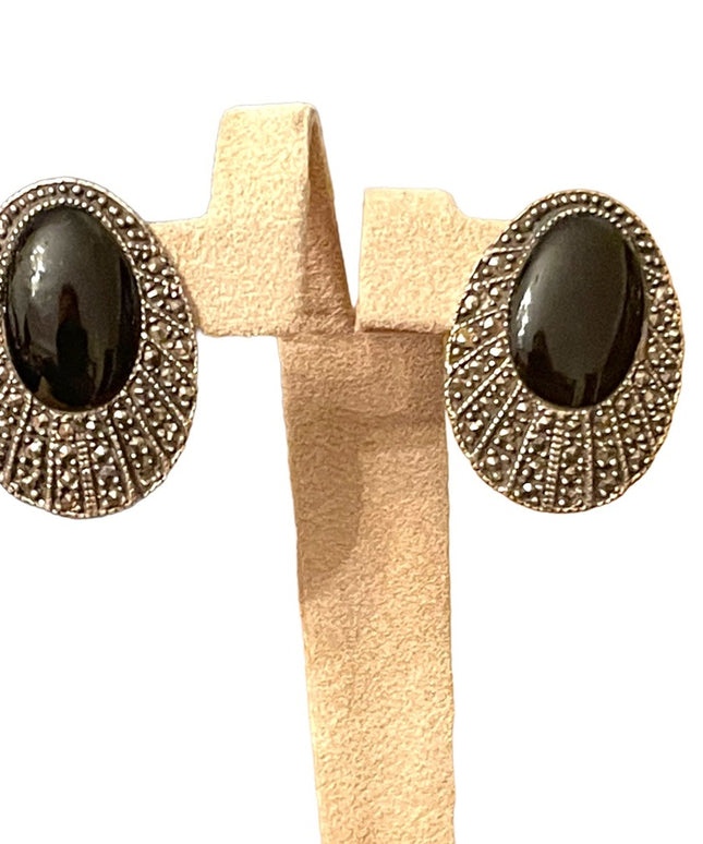 Vintage Sterling silver 925 Marcasite Black onyx oval earrings