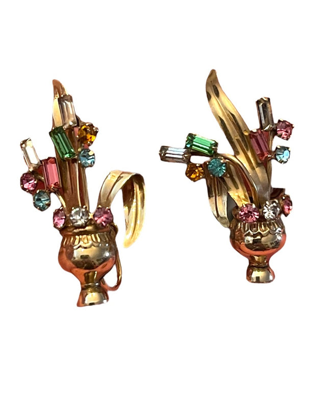 Vintage 12k Gold filled Fancy colorful rhinestone crystal flower vase earrings