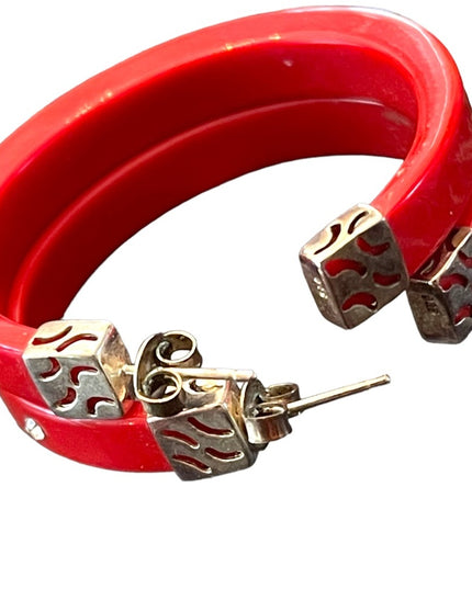 Sterling silver 925 RED nautical plastic CZ hoops