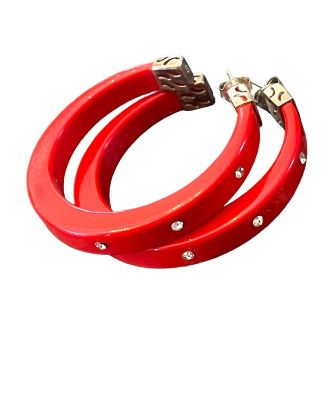Sterling silver 925 RED nautical plastic CZ hoops