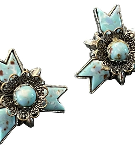 Vintage silver finish blue resin star flower screw back earrings