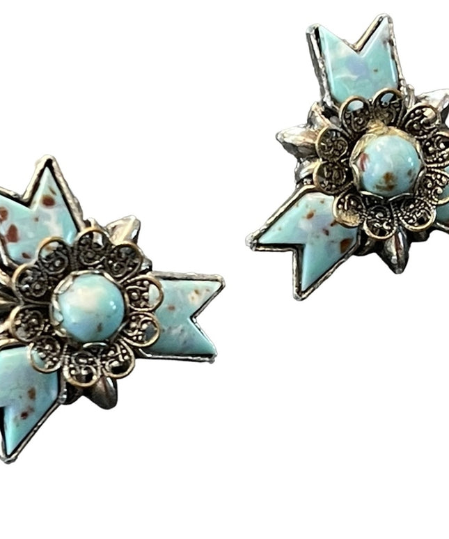 Vintage silver finish blue resin star flower screw back earrings
