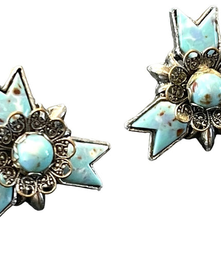 Vintage silver finish blue resin star flower screw back earrings