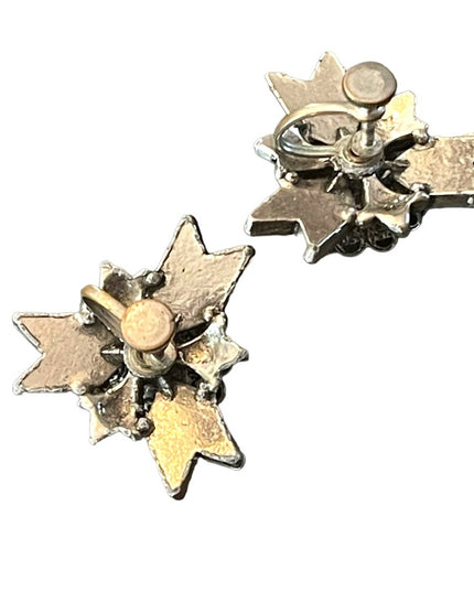 Vintage silver finish blue resin star flower screw back earrings