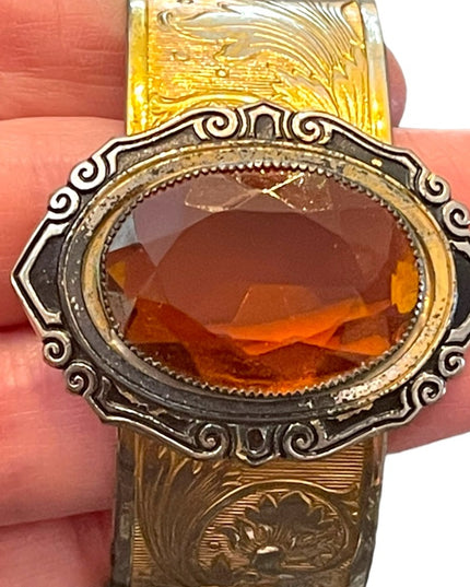 Vintage art deco revival chunky 1950s etched scroll work glass bangle bracelet