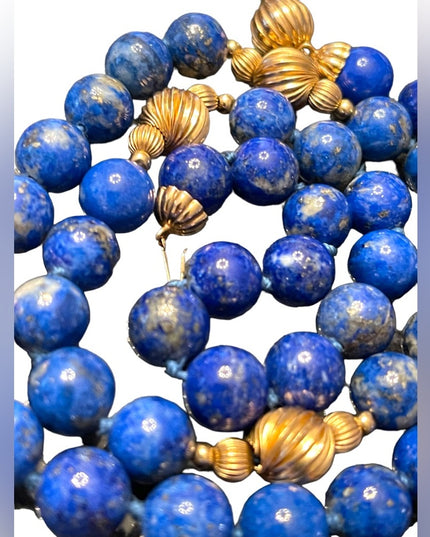 Stunning vintage LAPIS LAZULI with pyrite gold filled bead necklace High quality